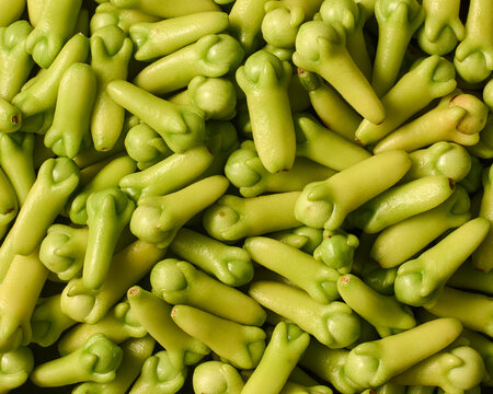 pile of fresh green young cloves close-up macro view, raw unharvested spice buds taken from above, natural culinary ingredient background