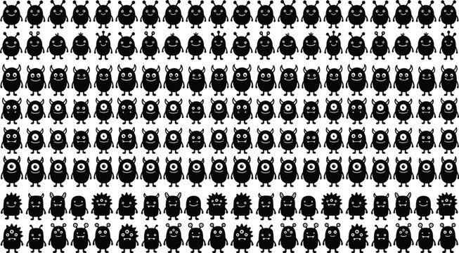 Cute black monster silhouette seamless pattern background vector illustration set with funny creepy cartoon alien creatures bundle