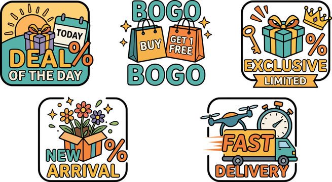 Cartoon flat outline vector badge set of 5 promo labels: Deal of the Day, New Arrival, Fast Delivery, BOGO, and Exclusive Limited. Clean line art bundle for e-commerce.