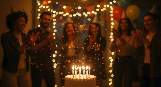 Friends celebrating birthday with cake and confetti