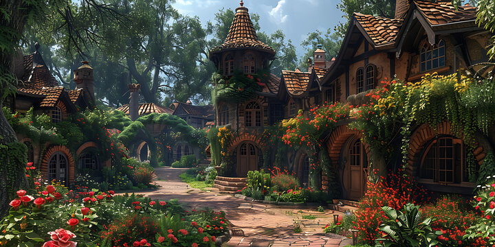 Cottage houses with blooming flower gardens line a cobblestone path in a quiet fantasy village.