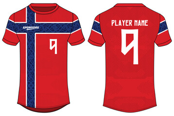 Obraz premium Sports t-shirt football jersey design flat sketch illustration, Norway Football jersey concept with front and back view for Soccer uniform kit