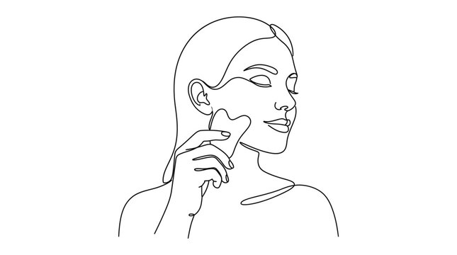 Minimalist line art illustration of a woman performing a facial gua sha massage on her cheekbone