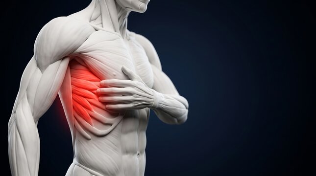 3D anatomical rendering of a male torso with highlighted rib cage pain, illustrating discomfort in the intercostal muscles or chest area.
