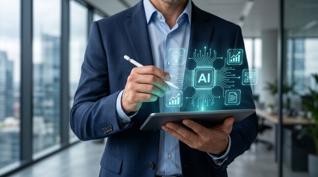Modern data scientist holding a digital tablet while interacting with a glowing blue artificial intelligence hologram to develop advanced machine learning algorithms for global corporate strategies.