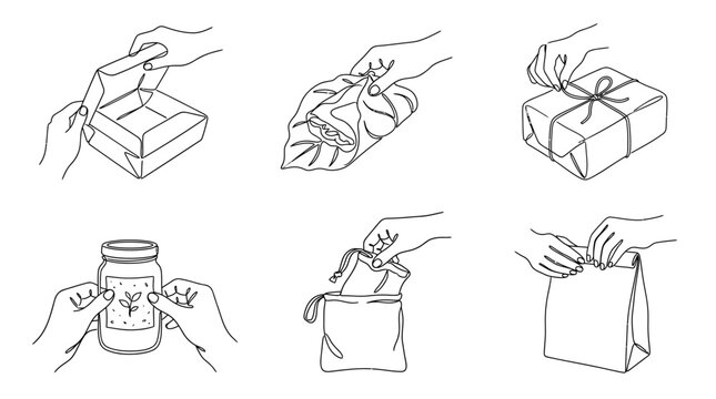 Illustrations depicting various methods of wrapping and packaging items for protection and presentation