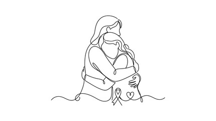 Obraz premium Continuous line drawing of two people embracing with a cancer awareness ribbon and heart.