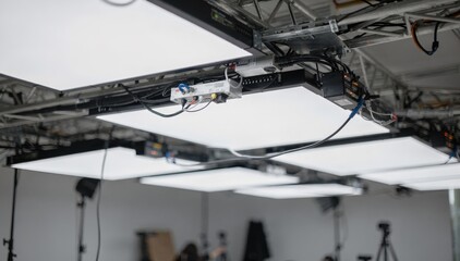 Fototapeta premium Overhead soft LED panels with visible wiring and dimming controls main fixture sharp against outoffocus studio environment.