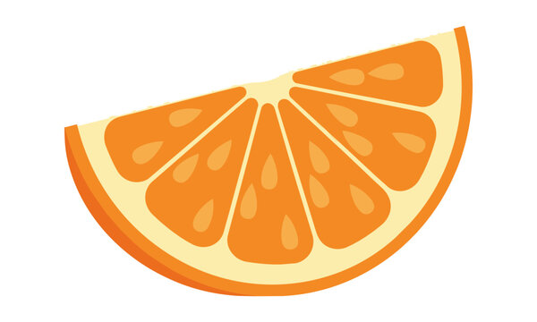 A vibrant orange fruit wedge showing detailed juice vesicles and pith, isolated on white with flat, clean shapes. Fresh graphic design element