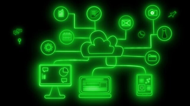 Neon glowing cloud computing network with devices animation