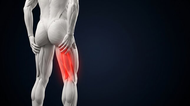 Anatomical 3D rendering of a male figure experiencing pain in the upper left thigh and hamstring area, highlighted in red.
