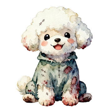 A cute, fluffy dog character with a cheerful expression, wearing a patched outfit. Perfect for children's illustrations.