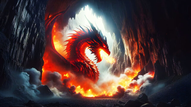 Red dragon breathing fire in dark underground stone cavern. Dark fantasy illustration massive fed dragon inside rocky cave mythical monster bright orange flames light up smoke and ancient.