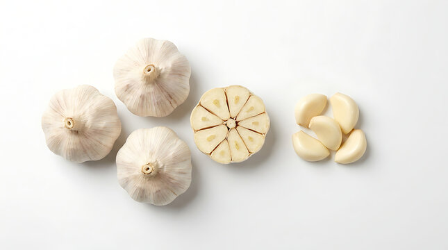 High-resolution close-up Fresh whole, sliced, and peeled garlic cloves on white, essential for healthy cooking
