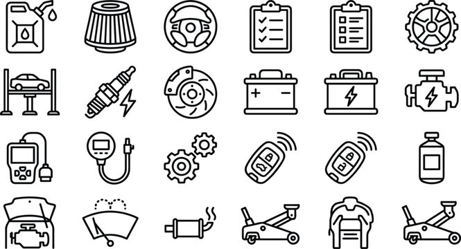 Auto repair shop and vehicle diagnostic tools thin line icons set on white background