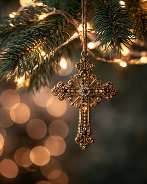 A cross-shaped Christmas tree decoration hangs on the tree