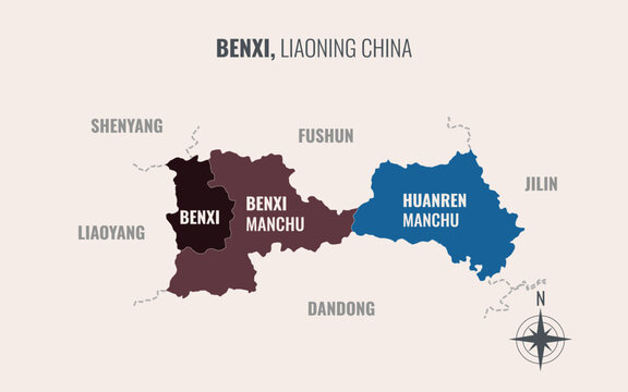 benxi liaoning Prefacture into County in a minimalist colorful style map showing