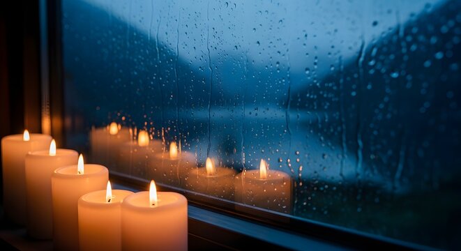 Lit candles on window ledge during rain