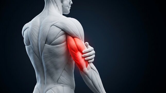 3D rendering of a male figure experiencing bicep pain, with the affected upper arm highlighted in red.