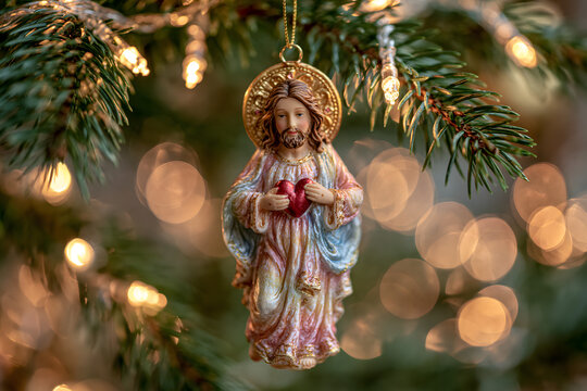 A Christmas tree toy of Jesus with a heart in his hands hangs on the tree

