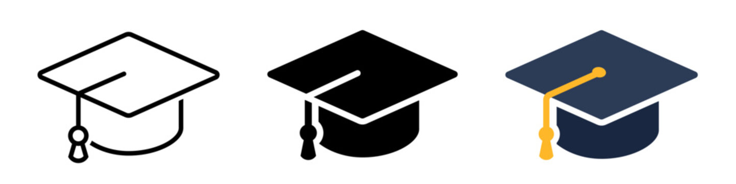 Graduation cap icon set. Graduation hat, student, diploma, tassel, academic symbol on white background - stock vector.