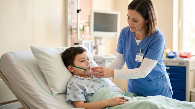Compassionate nurse placing oxygen mask on sick child in hospital bed during pediatric medical treatment