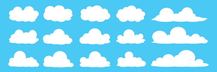 Fototapeta premium set of vector illustrations of clumpy clouds, cloud bubbles in flat style on a blue background