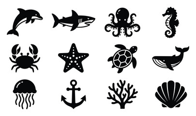 Marine life and ocean animals vector icon set with dolphin shark octopus seahorse crab starfish turtle whale jellyfish anchor coral shell black glyph symbols © Sami