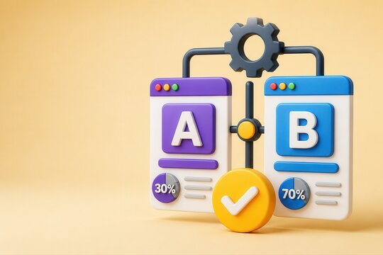 A B testing concept with comparison dashboard gear and percentage icons 3d render