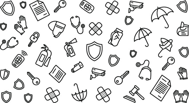 Seamless pattern of insurance and protection outline icons on white background