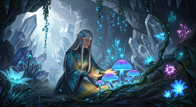 Elf tending to glowing mushrooms in a crystal cave
