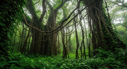 Fototapeta premium Mysterious ancient banyan trees in a lush, foggy jungle.