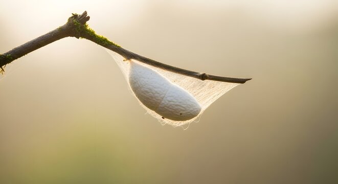Silkworm cocoon hanging from branch natural fiber production