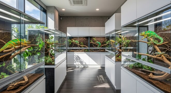 Chameleons in modern glass terrariums with lush green plants.