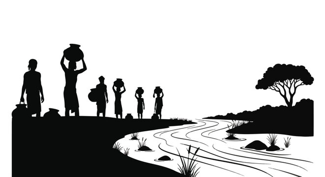 Black and white silhouette of ancient tribal group gathering water at a riverbank. Figures carry clay pots on heads in a scenic landscape with trees, vector illustration.