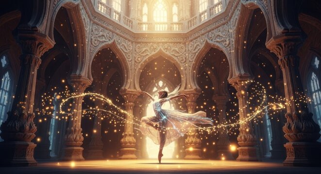 A dancer performs ballet in a magical, ornate ballroom with sparkling lights.