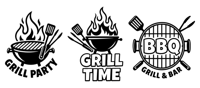 BBQ Grill Time logo, Grill and Barbecue logotype design, BBQ collection time and party logos with grill, steak, and meats