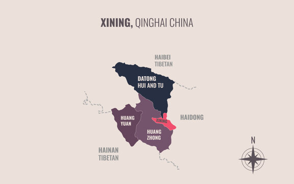 xining qinghai Prefacture into County in a minimalist colorful style map showing