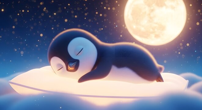 Sleeping penguin on ice under a glowing moon