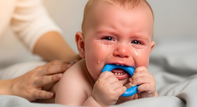 Crying baby with blue teether in mouth