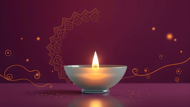 Luxury Diwali Festival of Lights Background with 3D Frosted Glass Diya Lamp and Gold Mandala Patterns on Purple and Amber Gradient