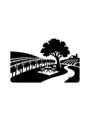 Naklejka premium Vineyard Landscape Illustration with Wine Table and Tree Silhouette
