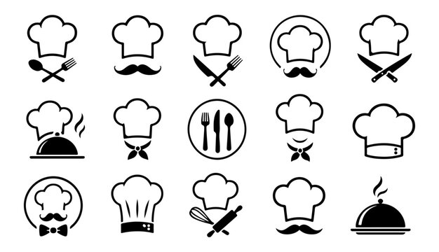 Chef and kitchen logotype icons, Chef hat icon, Food service catering logo, Food icons plate, various styles of chef hats kitchen