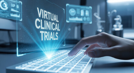 Fototapeta premium Virtual clinical trials concept with hand typing on keyboard and futuristic pharmaceutical rd technology in blue light