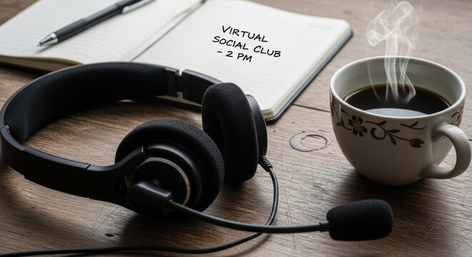 Virtual social club note with headset and steaming coffee cup on wooden table showing senior support technology connection