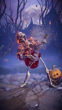 3D animation of Halloween party: Spooky skeleton band playing rock music in scary cemetery. Funny skeletons and zombies dancing, playing electric guitar and drums in foggy graveyard.