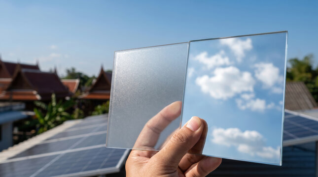 Solar panels on homes with hand holding two types of glass under blue sky showing reflection and transparency for energy solutions