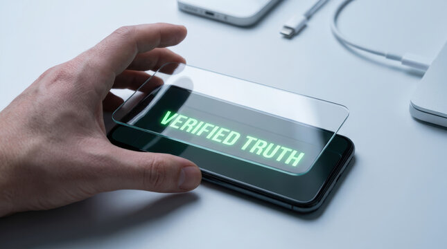 Verified truth message on smartphone screen with hand holding transparent glass symbolizing social media disinformation awareness