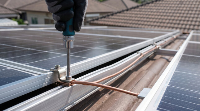 Solar panels installation on homes with technician hand using screwdriver for secure mounting, clean energy concept