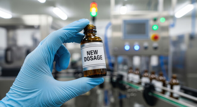 Pharmaceutical research and development concept with gloved hand holding new dosage bottle in laboratory setting showing innovation and precision